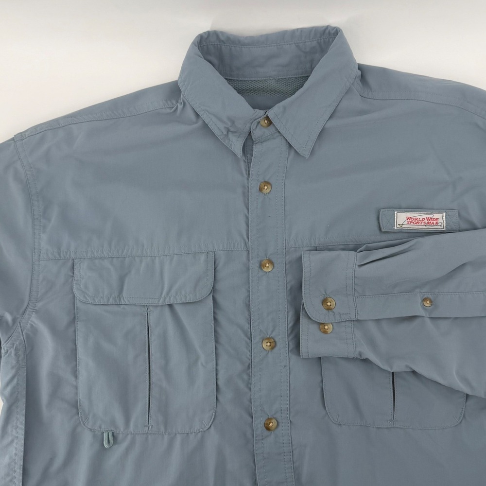 World Wide Sportsman Fishing Shirt Mens Large Blue Vented Long Sleeve Nylon